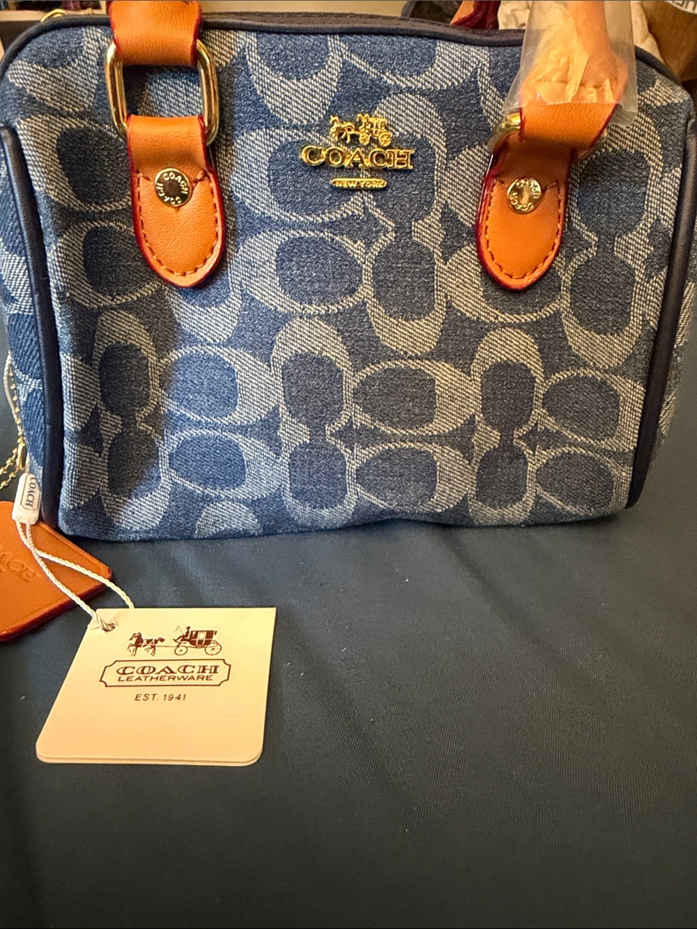 Coach Denim Signature Mini Satchel with Orange Trim and Blue Logo Pattern